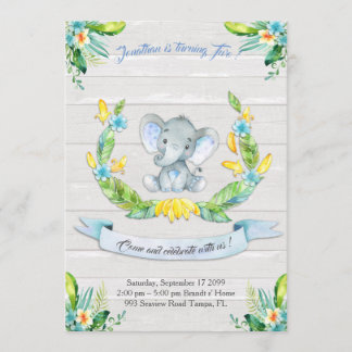 Floral watercolor Elephant Invitation,Baby boy 2nd Invitation
