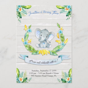 Floral watercolor Elephant Invitation,Baby boy 3rd Invitation