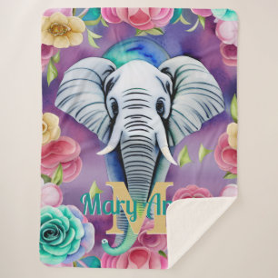 Floral Watercolor Elephant Personalized Name Sherpa Blanket