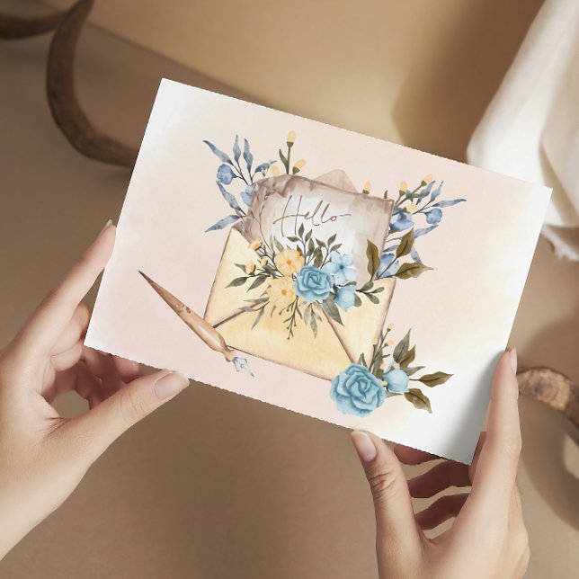 Floral Watercolor Envelope Hello Greeting  Postcard (Creator Uploaded)