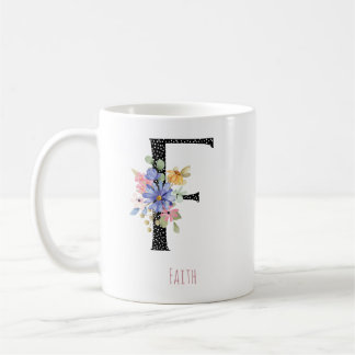 Floral Watercolor F Monogram Name Black Polka Dot  Coffee Mug