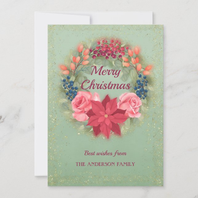 Floral watercolor faux glitter wreath elegant announcement (Front)