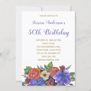 Floral Watercolor Fiftieth 50th Birthday Invite