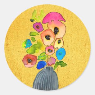Floral watercolor flowers in vase classic round sticker