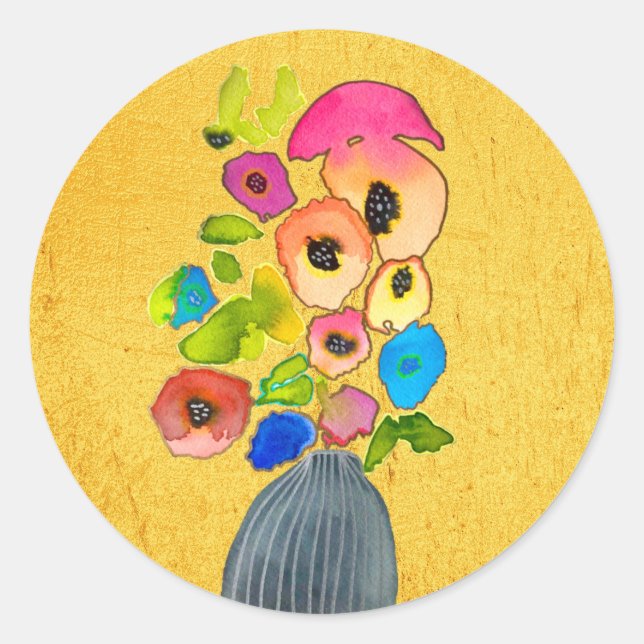 Floral watercolor flowers in vase classic round sticker (Front)