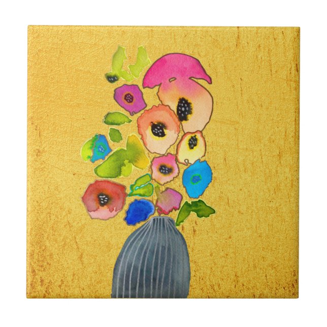 Floral watercolor flowers in vase tile (Front)