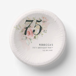 Floral Watercolor Foliage 75th Birthday Pink Party Paper Plate