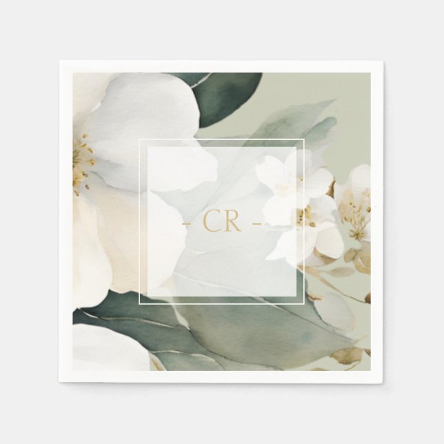 Floral Watercolor Foliage Overlay & Initials  Napkin (Front)