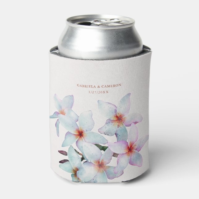Floral Watercolor Frangipani Terracotta Wedding Can Cooler (Can Front)