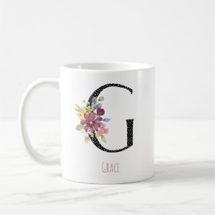 Floral Watercolor G Monogram Name Black Polka Dot  Coffee Mug