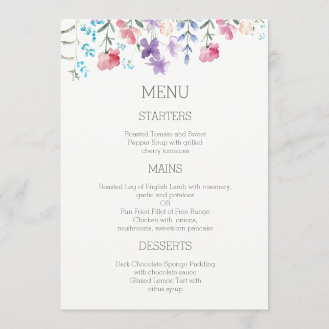 Floral Watercolor Garden Wedding Menu (Front)