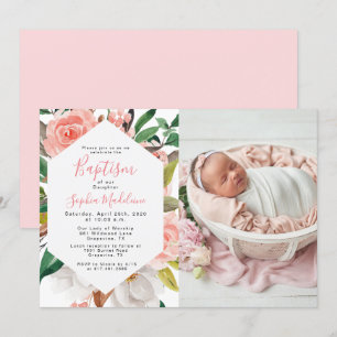Floral Watercolor Girl Baptism Photo Invitation