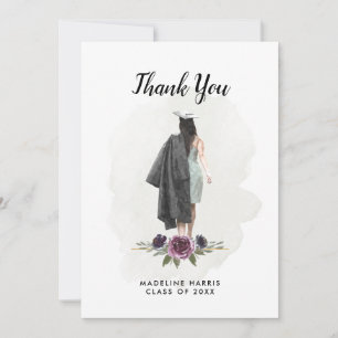 Floral Watercolor Girl Custom Photo Graduation Thank You Card