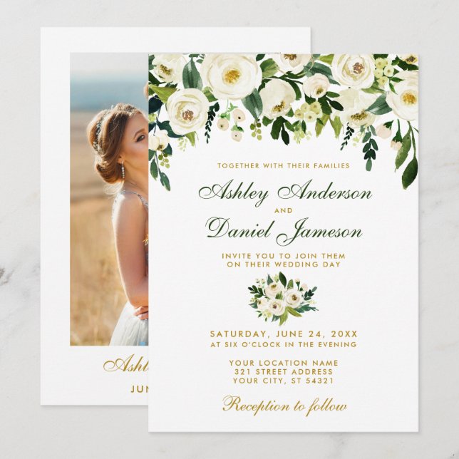 Floral Watercolor Green Gold Photo Wedding Invitation (Front/Back)