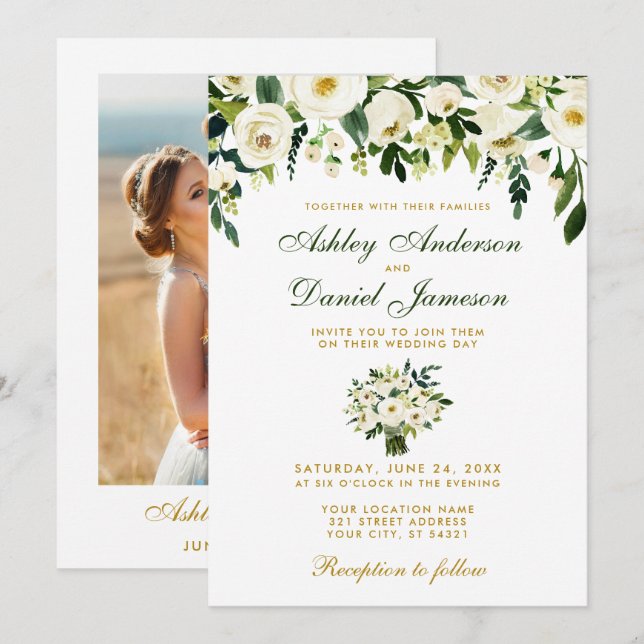 Floral Watercolor Green Gold Photo Wedding Invitation (Front/Back)