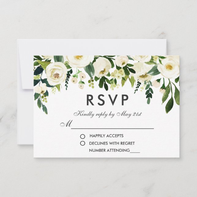 Floral Watercolor Green White Wedding RSVP (Front)