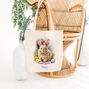 Floral Watercolor Happy Easter Bunny With Egg Tote Bag