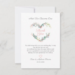 Floral Watercolor Heart with Leaves in Pink Thank You Card