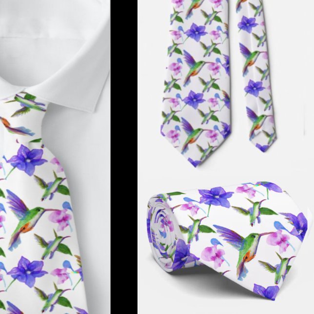 Floral Watercolor Hummingbird Flowers Neck Tie (Creator Uploaded)