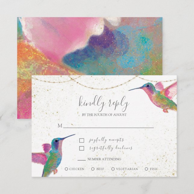Floral Watercolor Hummingbirds Colourful Gold RSVP Card (Front/Back)