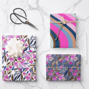 Floral Watercolor In Pink Venetian Blue Cedar Wrapping Paper Sheet