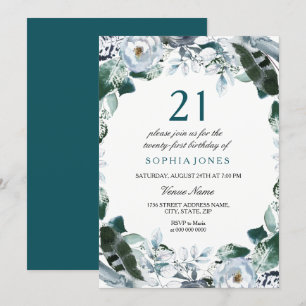 Floral Watercolor Jade Green 21st Birthday Invite