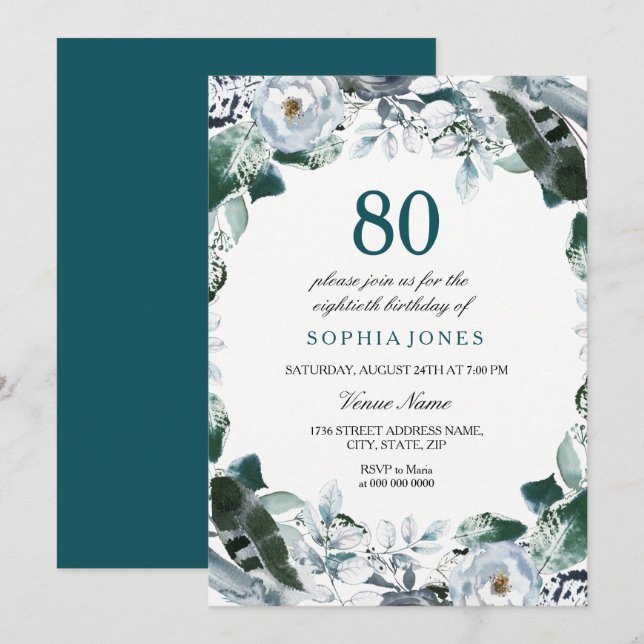 Floral Watercolor Jade Green 80th Birthday Invite (Front/Back)
