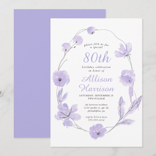Floral Watercolor Lavender 80th Birthday Party Invitation (Front/Back)