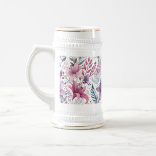 Floral Watercolor Lilies Pink Violet Beer Stein