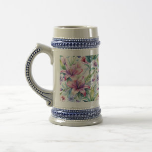 Floral Watercolor Lilies Pink Violet Beer Stein