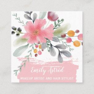 Floral watercolor makeup hair script pink square square business card
