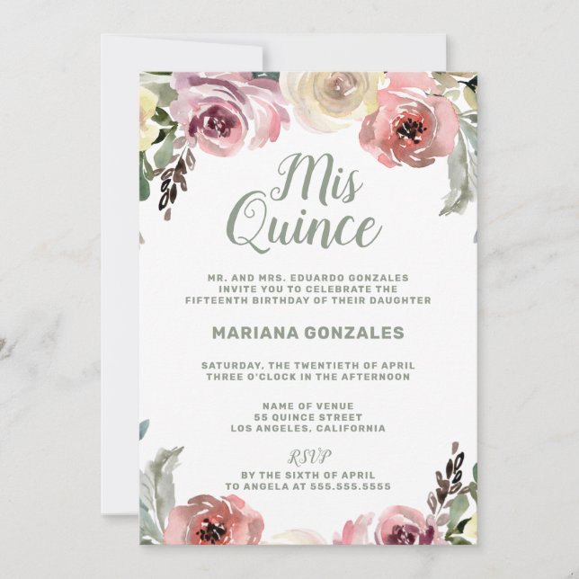 Floral Watercolor Mis Quince Quinceanera Invitation (Front)