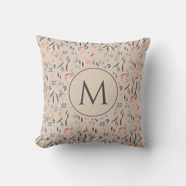 Floral Watercolor MONOGRAM Beige Throw Pillow (Front)