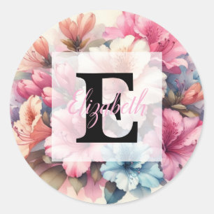 Floral watercolor monogram pink blue azaleas  classic round sticker