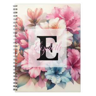 Floral watercolor monogram pink blue azaleas  notebook