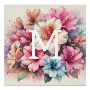 Floral watercolor monogram pink blue azaleas poster