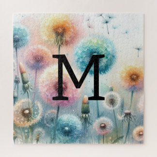 Floral watercolor monogram pink blue dandelions  jigsaw puzzle