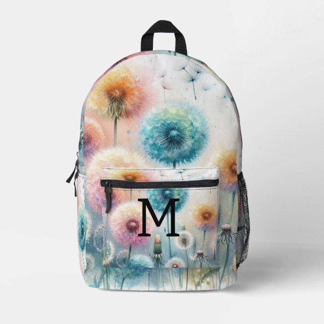 Floral watercolor monogram pink blue dandelions  printed backpack (Front)
