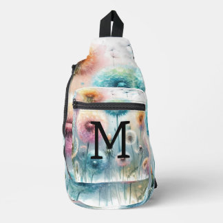 Floral watercolor monogram pink blue dandelions  sling bag