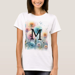 Floral watercolor monogram pink blue dandelions T-Shirt