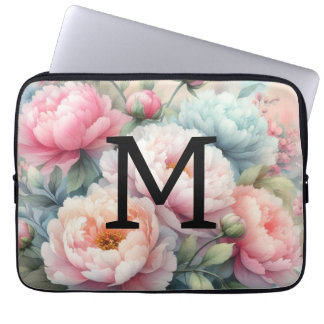Floral watercolor monogram pink blue peonies  laptop sleeve