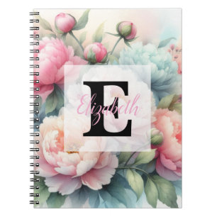 Floral watercolor monogram pink blue peonies notebook