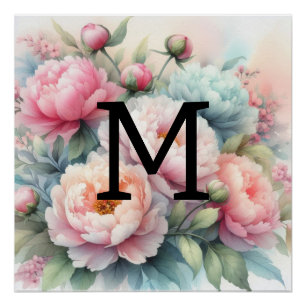 Floral watercolor monogram pink blue peonies poster
