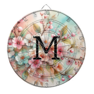 Floral watercolor monogram pink cherry blossoms  dartboard