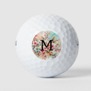 Floral watercolor monogram pink cherry blossoms  golf balls