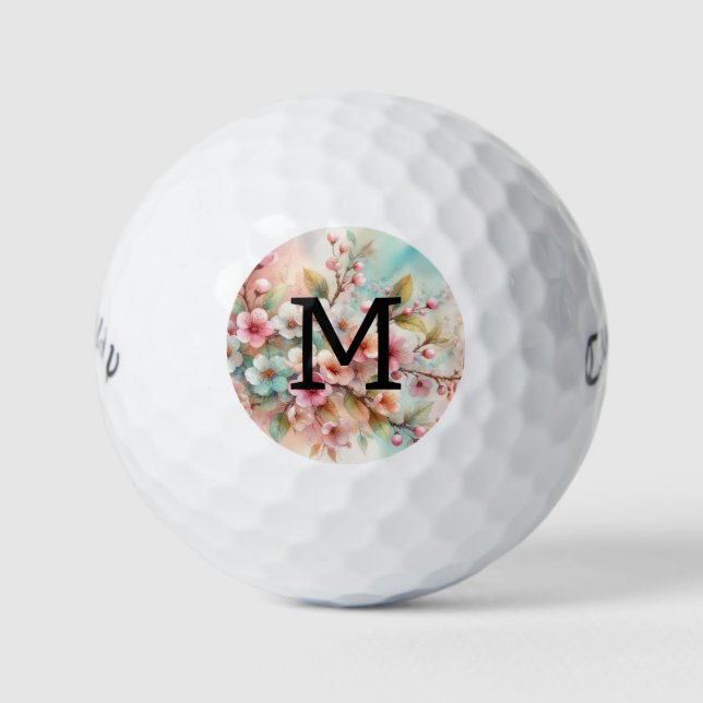 Floral watercolor monogram pink cherry blossoms  golf balls (Front)