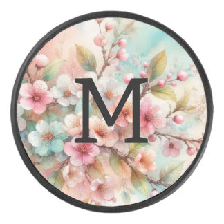Floral watercolor monogram pink cherry blossoms  hockey puck