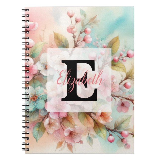 Floral watercolor monogram pink cherry blossoms  notebook (Front)