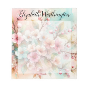 Floral watercolor monogram pink cherry blossoms  notepad