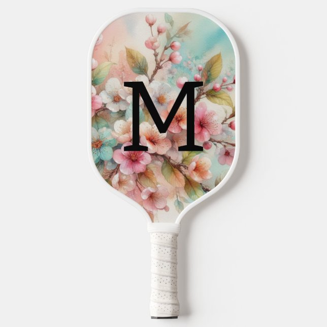 Floral watercolor monogram pink cherry blossoms  pickleball paddle (Front)